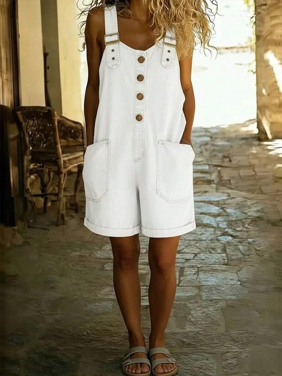 white denim overall shorts romper
