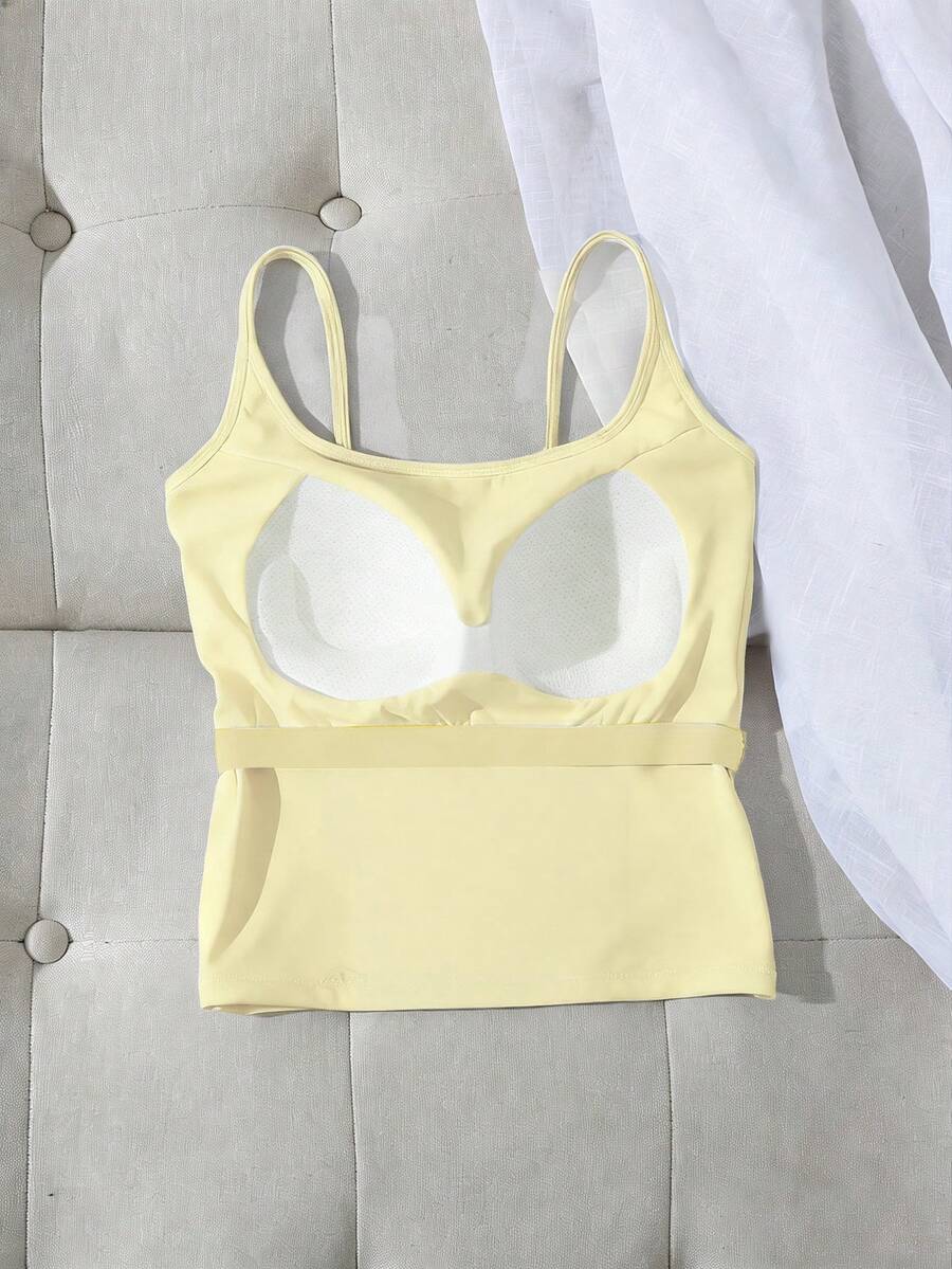 yellow ribbed cami top with built-in padded bra