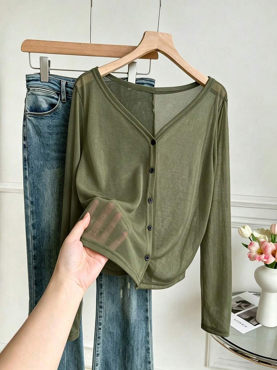 green sheer hollow knit v-neck cardigan