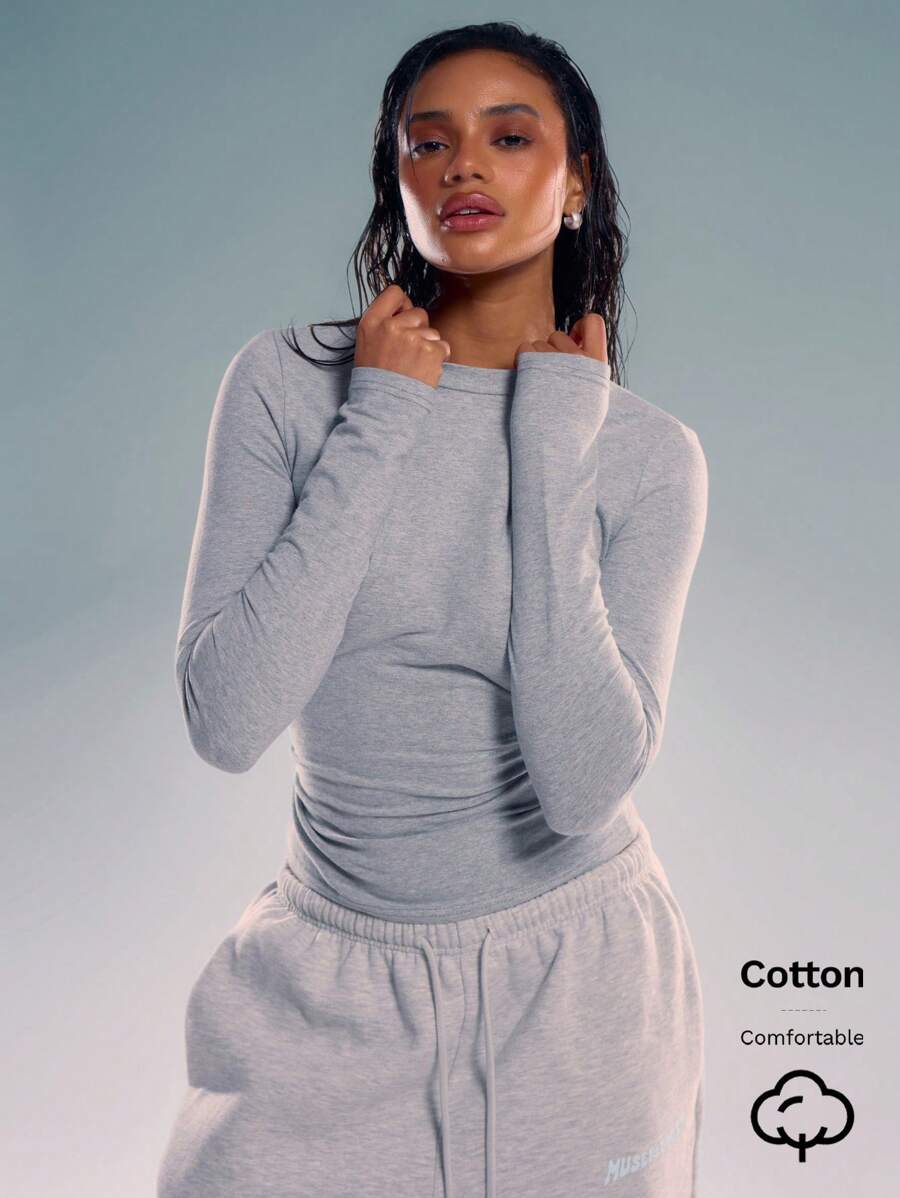long sleeve crew neck grey cotton top