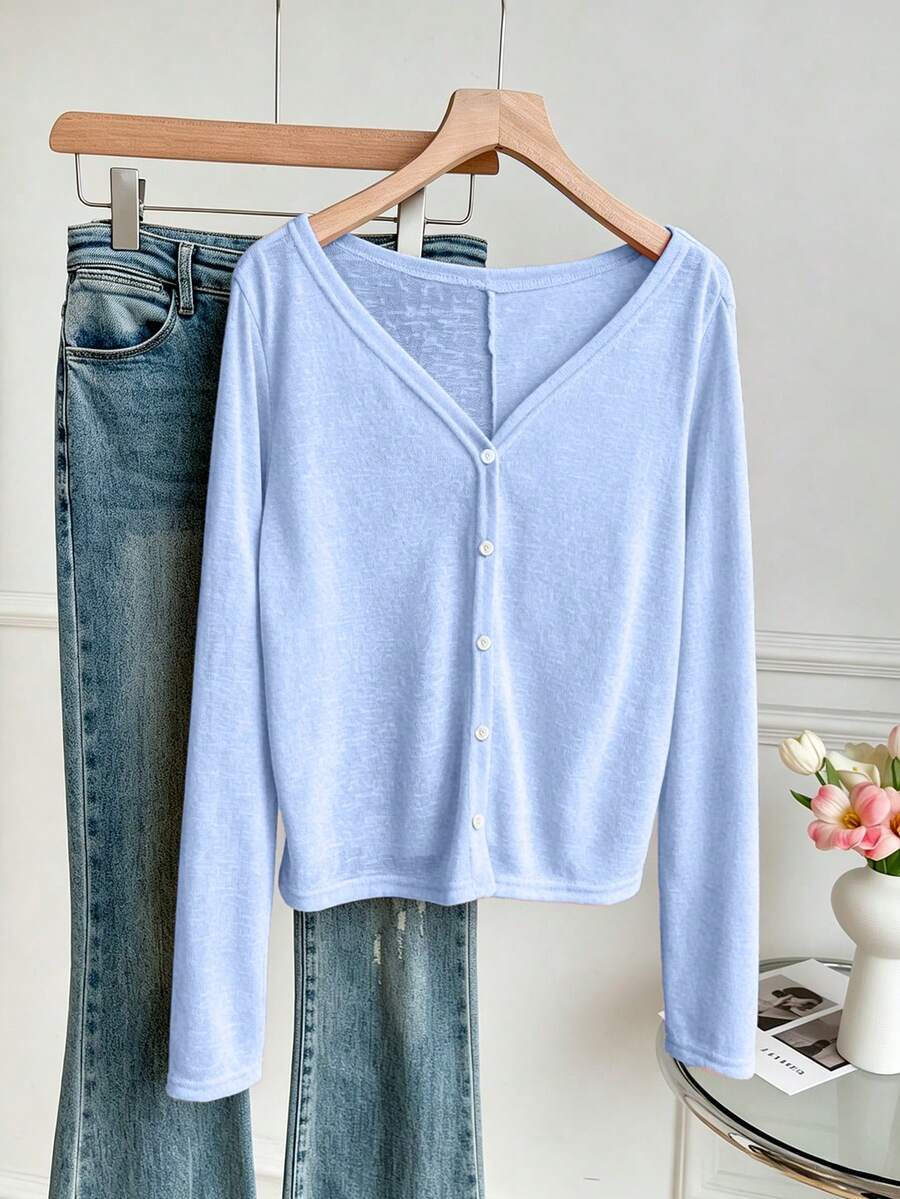 baby blue sheer hollow knit v-neck cardigan