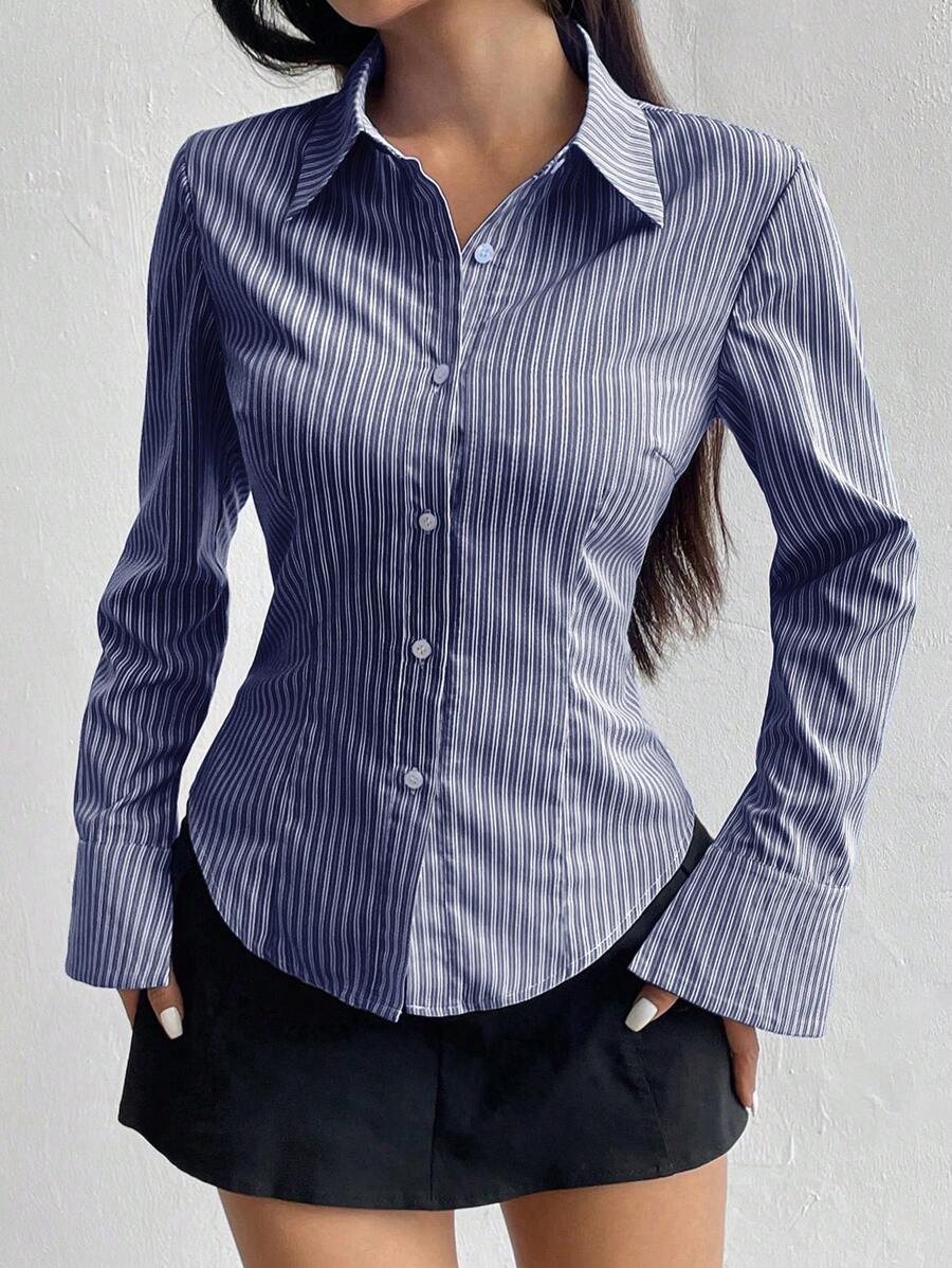 slim fit navy striped long sleeve button down shirt