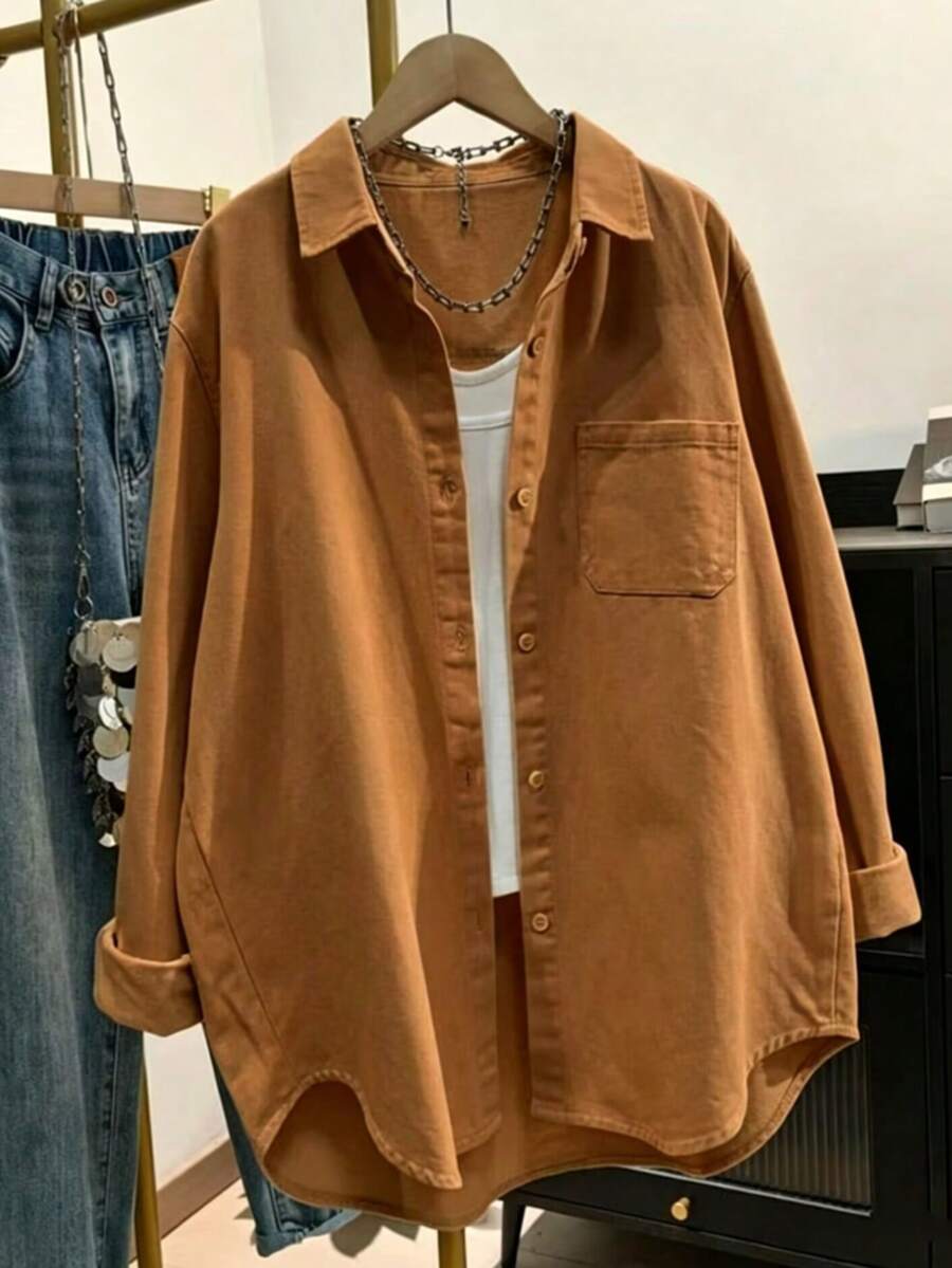 solid warm orange brown cotton button-down casual shirt