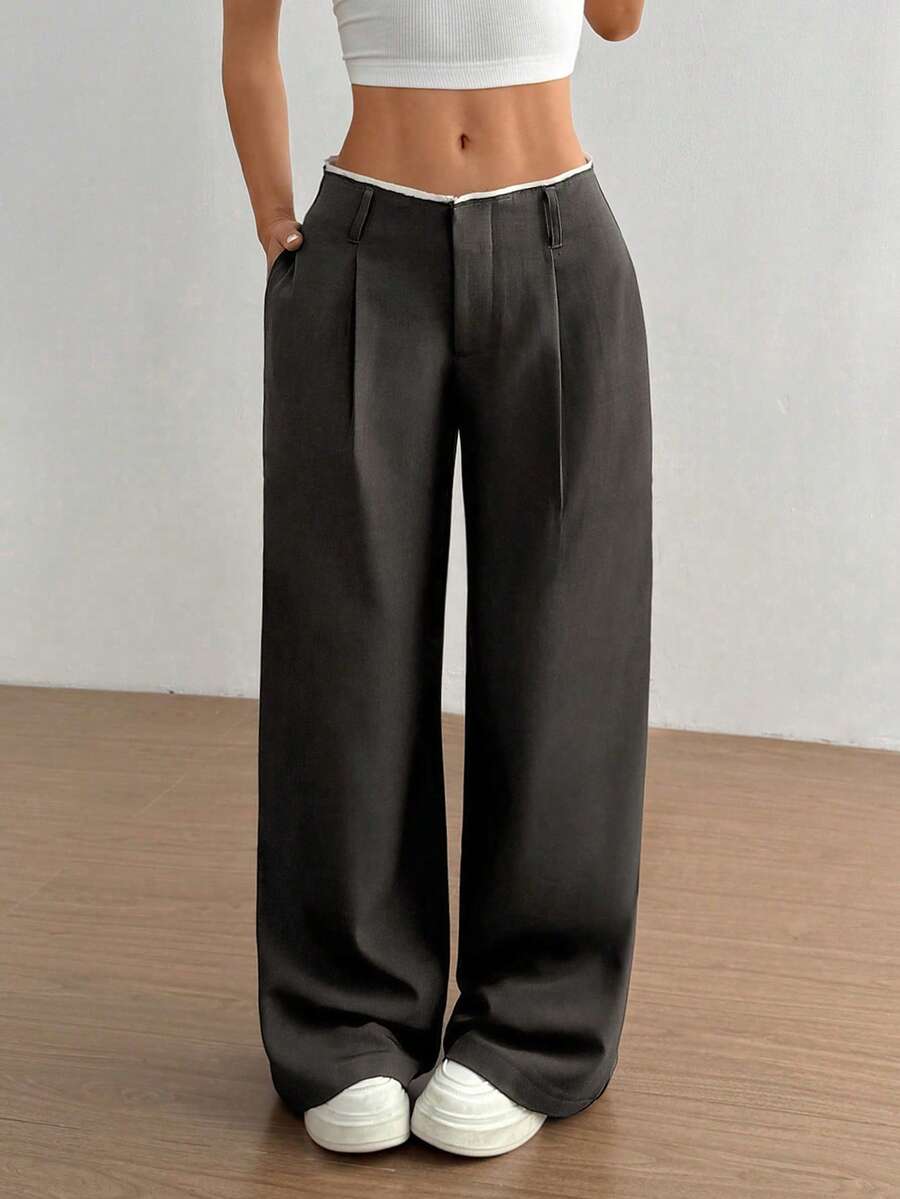 versatile dark grey draped straight leg trousers
