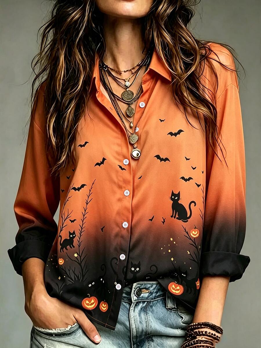 halloween patchwork cotton button-down shirt