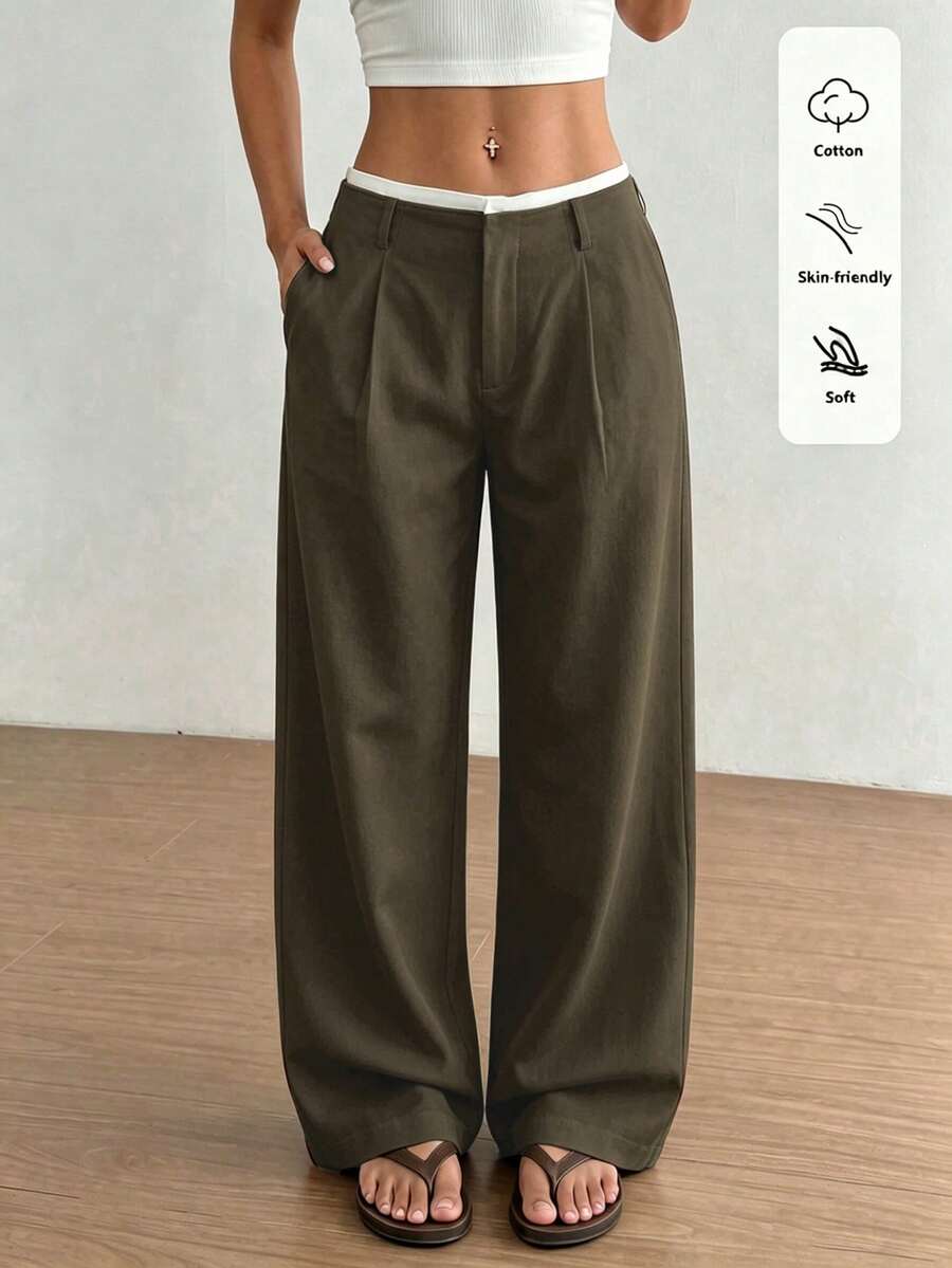 versatile army green draped straight leg trousers