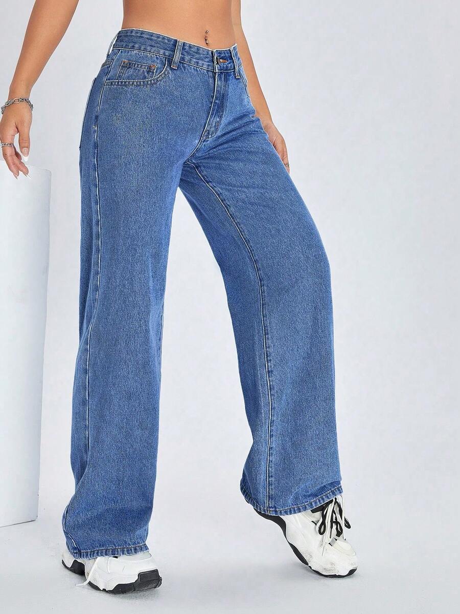 casual washed low-waist straight-leg medium jeans