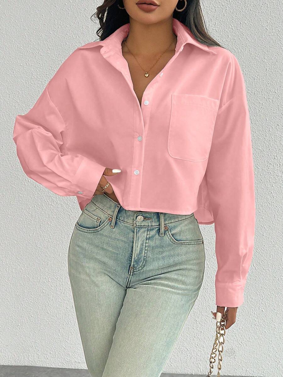 pink button front long sleeve casual shirt