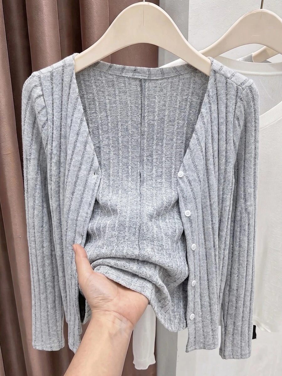 light grey sheer hollow knit v-neck cardigan