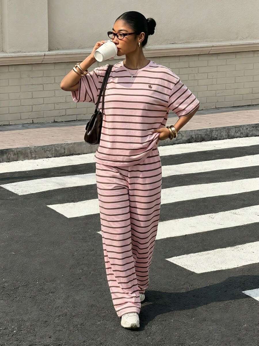 soft pink and brown striped knit casual trousers