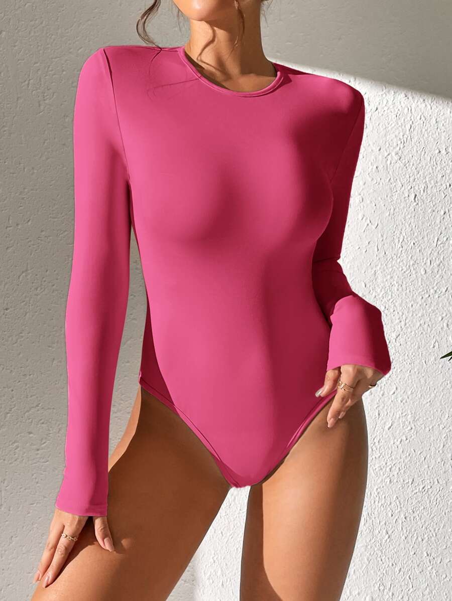 hot pink long sleeve slim fit bodysuit