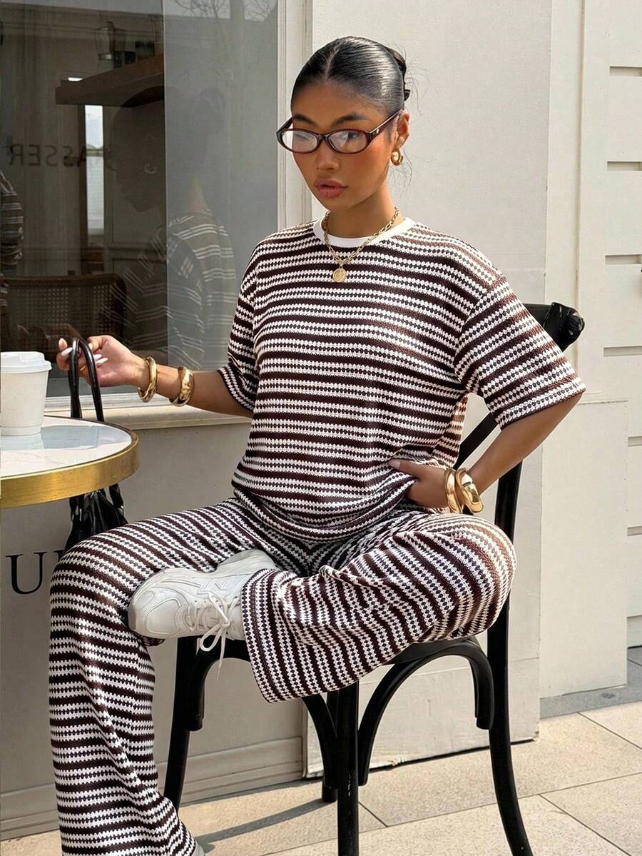 mocha and white striped knit casual trousers