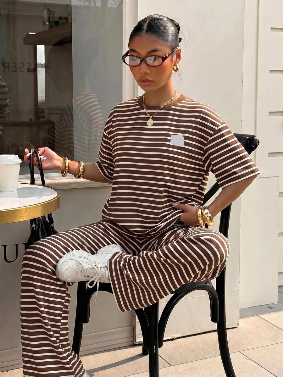 brown and white striped knit casual trousers
