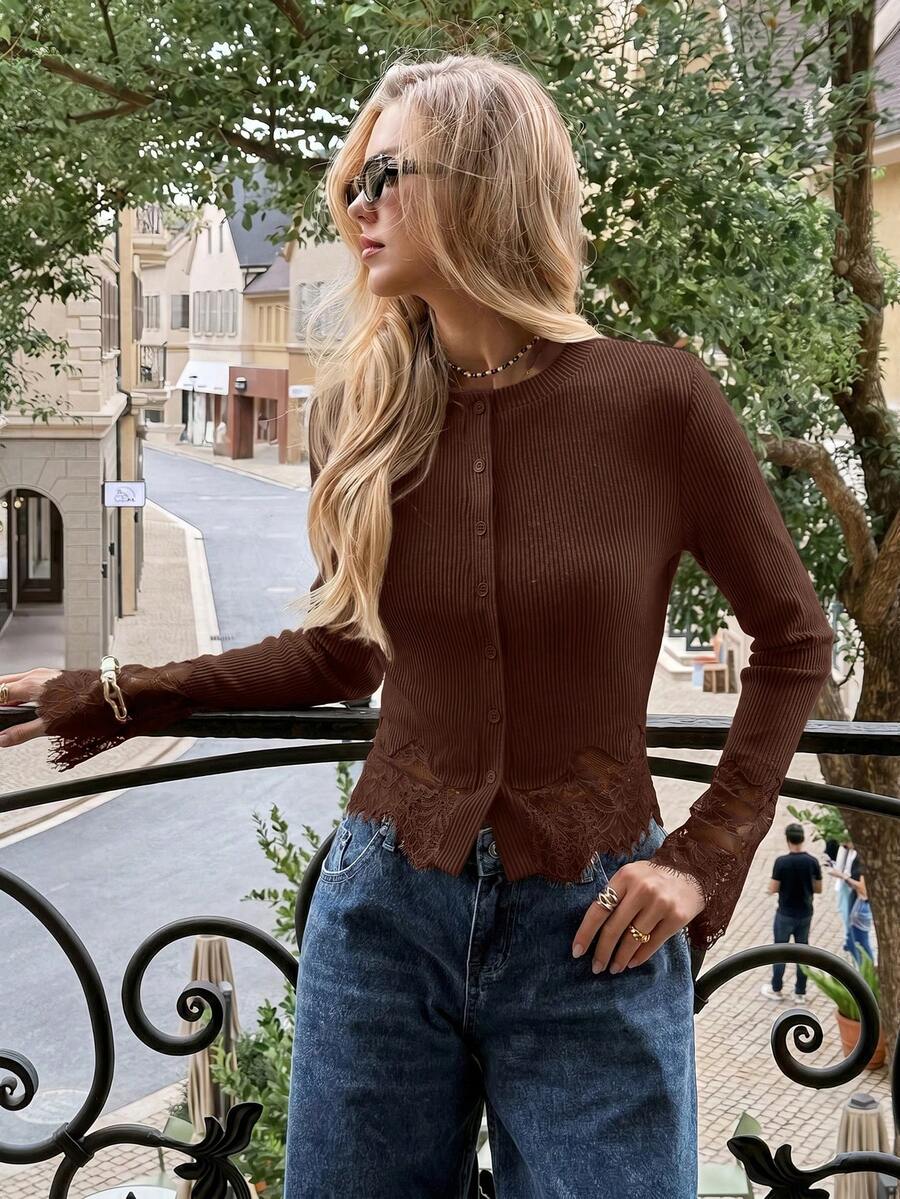 brown ribbed knit button-up top with lace trim