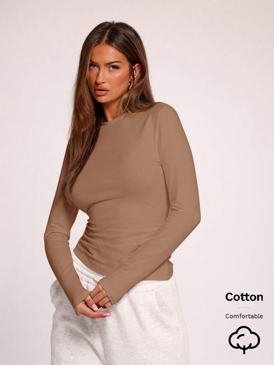 long sleeve crew neck brown cotton top