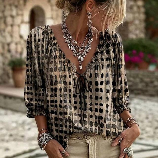 grey black elegant abstract geometric polka dot drawstring ruffle edge top