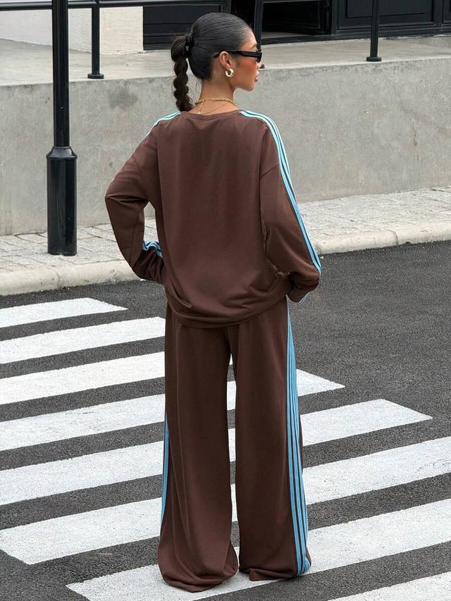 brown colorblock striped long sleeve top and trousers set