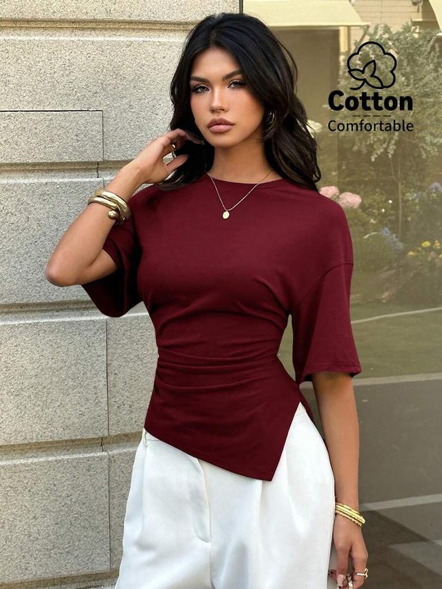 brown waist cinched asymmetric round neck t-shirt
