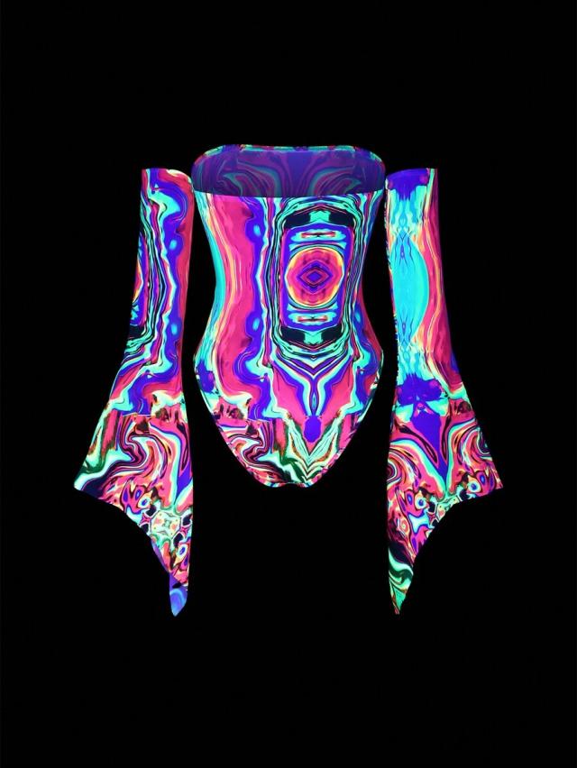 psychedelic abstract reflective colorful off shoulder flare sleeve bodysuit