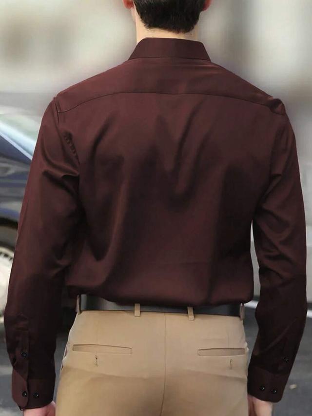 maroon men's solid brown formal long sleeve button-up shirt