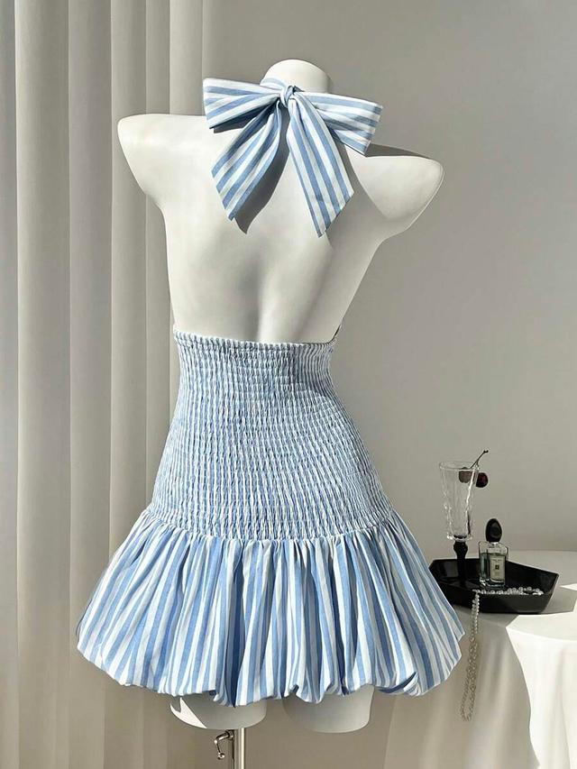 blue and white striped halter neck mini dress