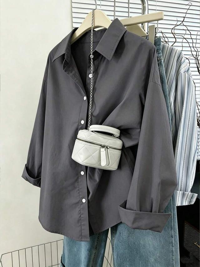 blue stripe single-breasted casual loose long sleeve shirt