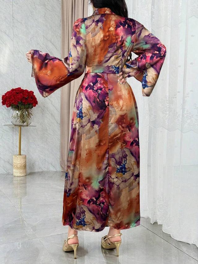elegant floral print silk wrap dress with flare sleeves