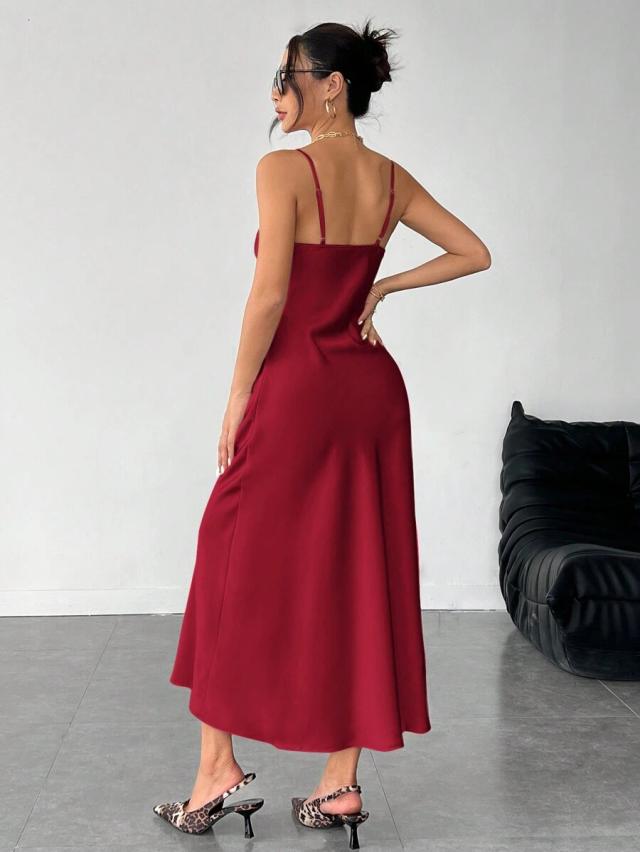 burgundy satin swing collar midi slip dress