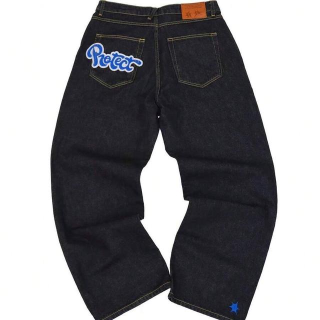 blue summer-hop men's dark wash straight-leg printed jeans