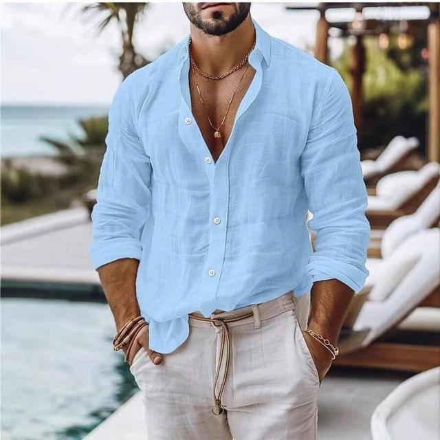 light blue men's casual long-sleeve linen blend shirt