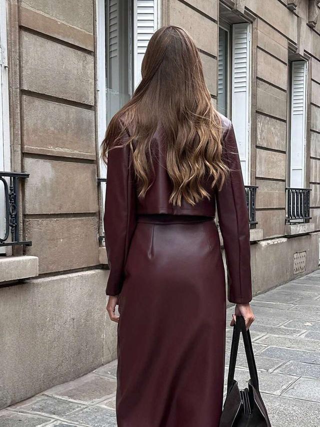 burgundy faux leather cropped jacket and midi skirt set