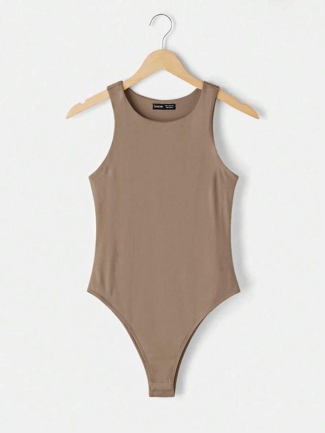 brown casual round neck sleeveless fitted knit bodysuit