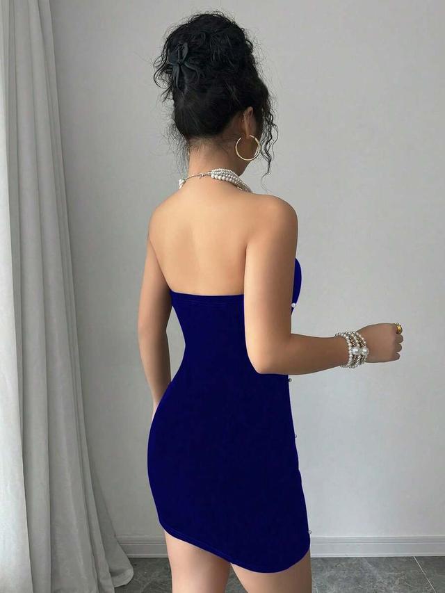 strapless navy blue velvet mini dress with pearl accents