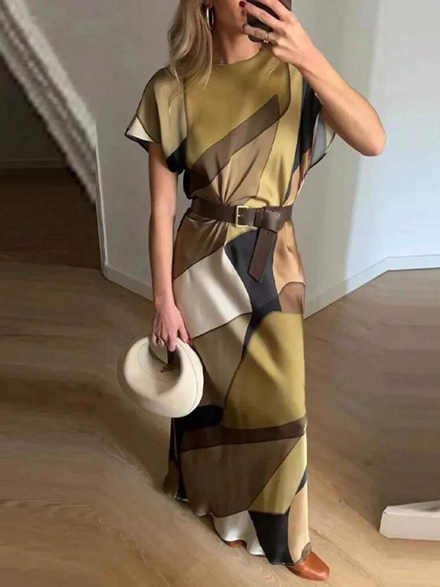 gold geometric cinched waist satin printed midi dress