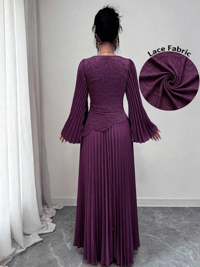 elegant purple pleated lace evening gown