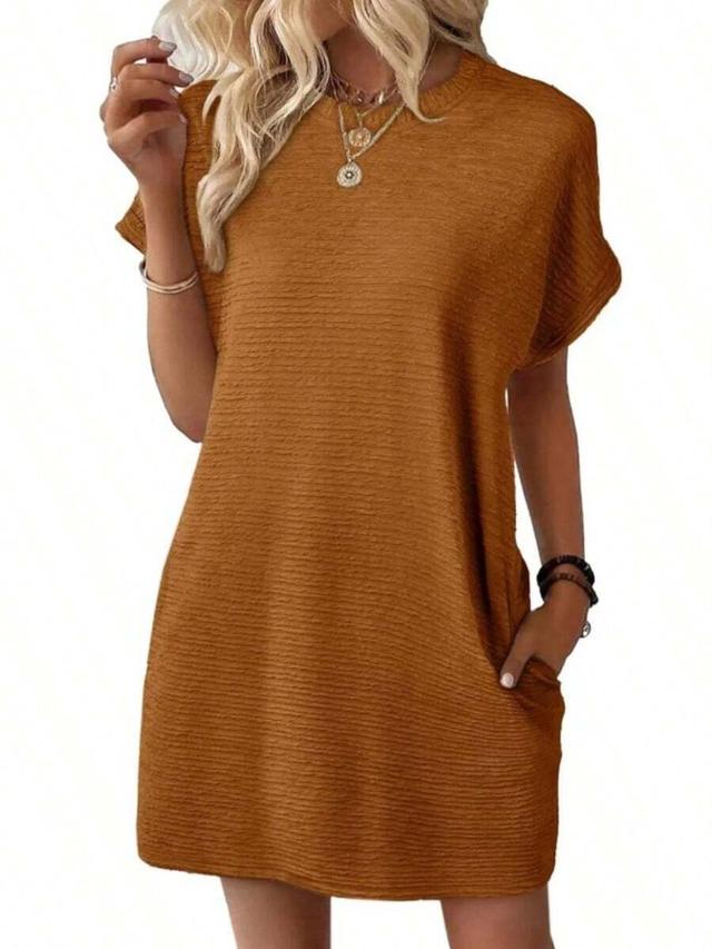 caramel textured shift dress with pockets