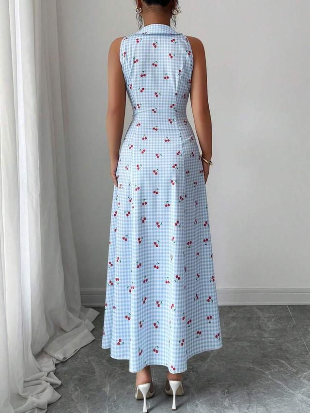 sleeveless blue gingham cherry print a-line vacation dress