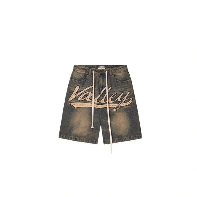 light blue vintage street style letter print colorful denim shorts