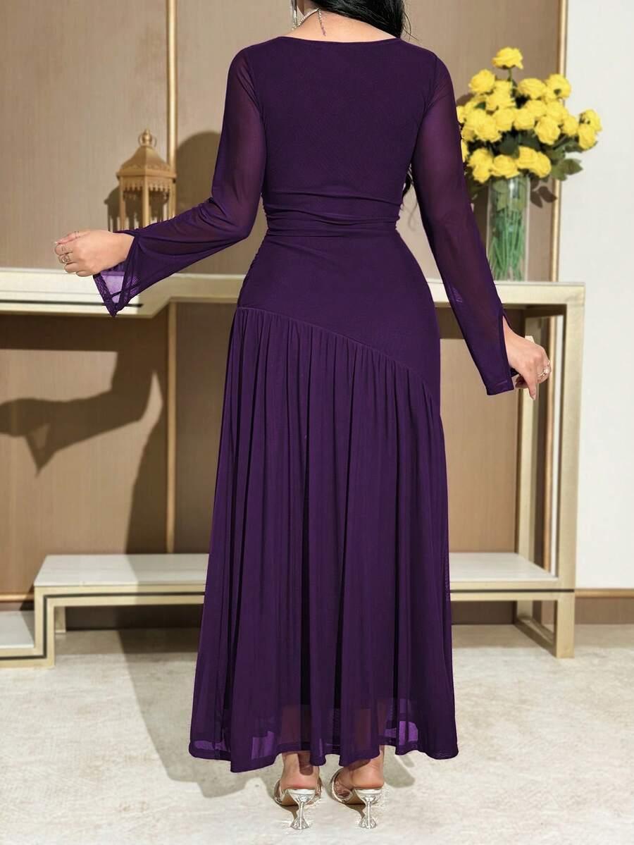 feyla women's solid purple ruched fishtail hem long sleeve dress