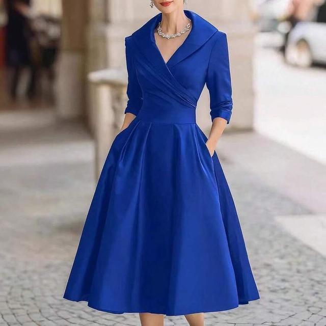 royal blue satin wrap midi dress with pleated skirt