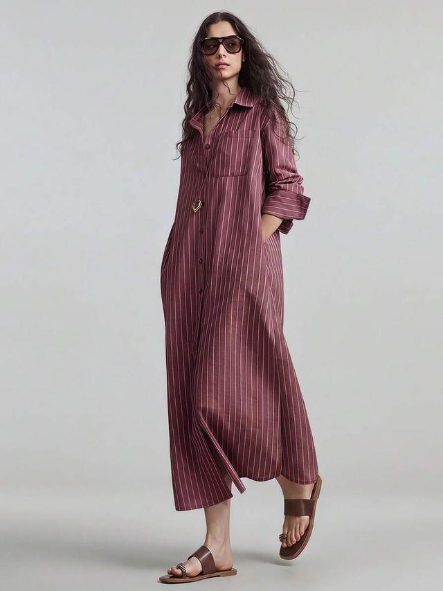 burgundy striped cotton shirt dress