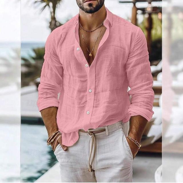 pink men's casual long-sleeve linen blend shirt