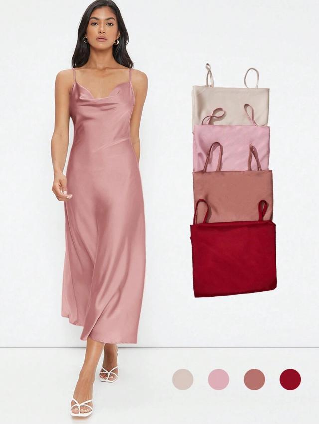 nude elegant dusty rose satin slip dress with draped neckline