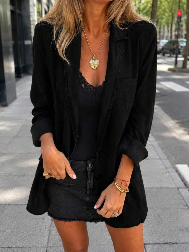 black women lapel denim blazer loose long sleeve casual jacket