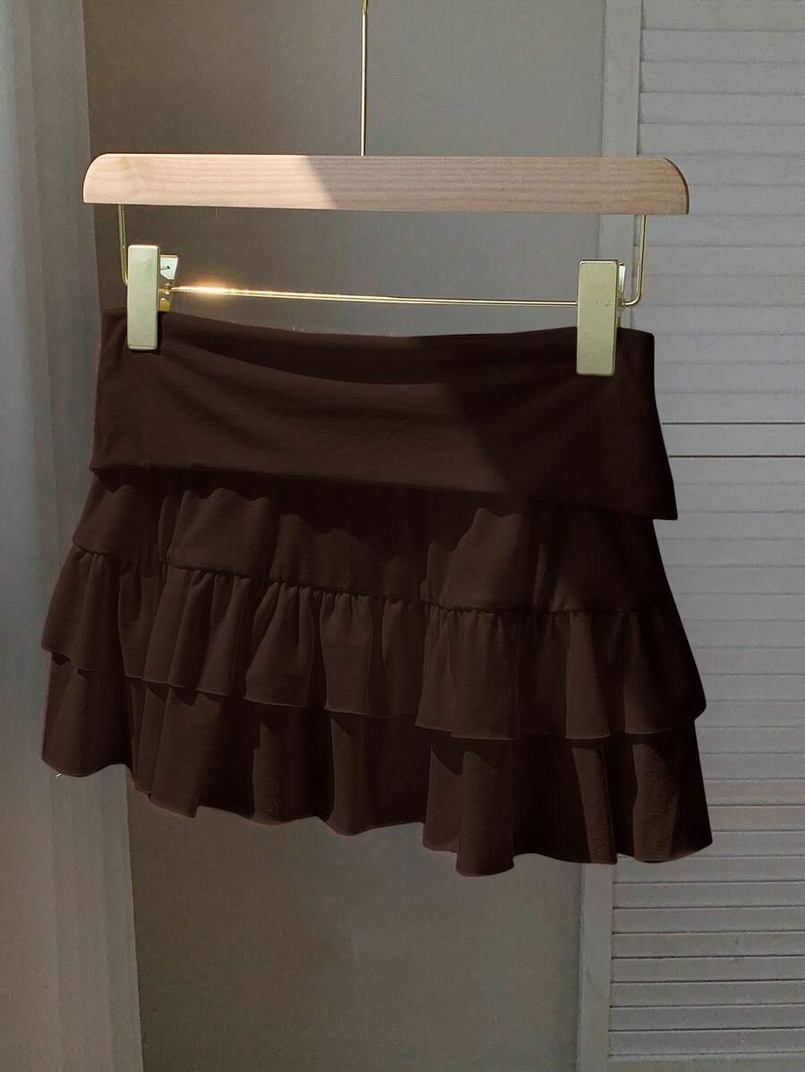 brown low waist ruffle hem skirt shorts