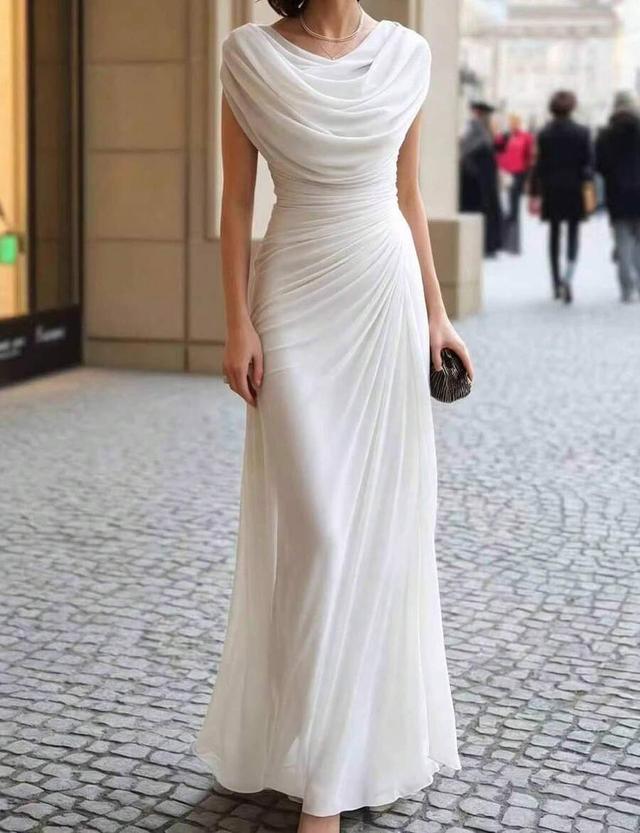 white draped cowl neck silk chiffon evening gown