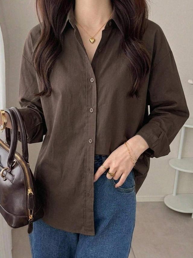 solid brown drop shoulder button up oversized shirt