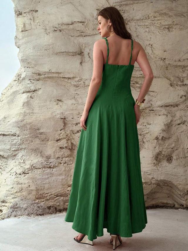 premium green linen fitted dress with tie shoulder
