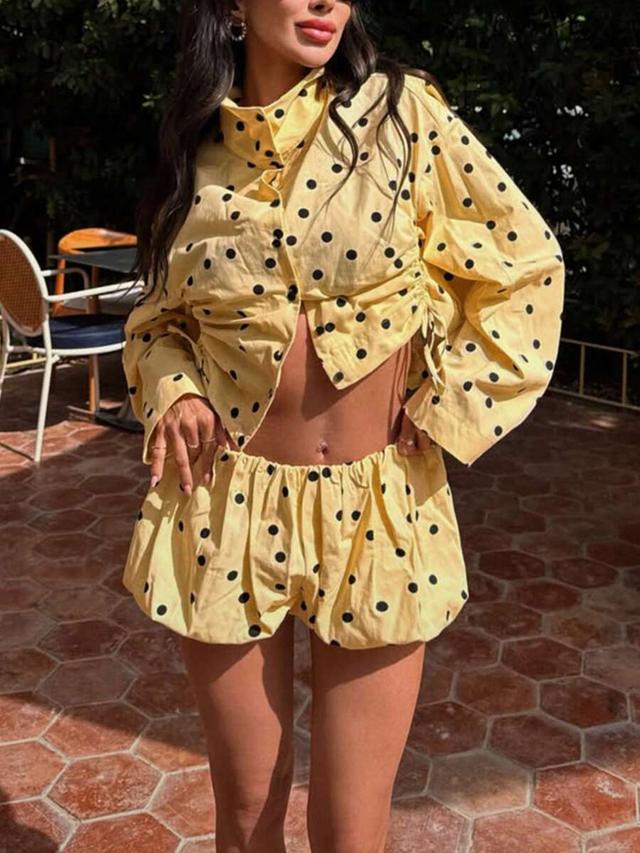 yellow summer yellow polka dot ruffle balloon shorts