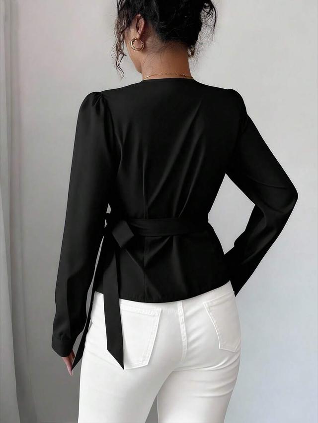 elenzga v-neck geometric print wrap blouse with tie